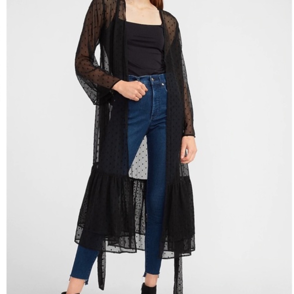 Express Rocky Barnes Black Swiss Dot Button Sheer Kimono Duster